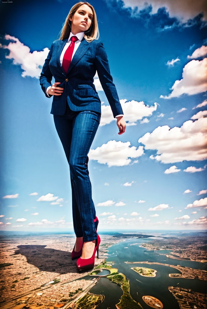 Looking up at the approaching young giantess, Giantess art, 500 miles tall giga giantess, young sophisticated and stylish goth woman in a light blue italian pinstriped trouser suit, form fitting crisp office shirt, and a large wide light blue necktie in a windsor knot, with a beautiful, curvaceous figure, large natural breasts, and long wavey blonde hair, with a curvaceous figure and massive breasts. wearing blue rounded court high heels with uncovered feet and standing, rampage-like pose, with a city skyscrapers background of mega-city, skyscapers, partially obscured by a hazy, cloudy atmosphere. The image is a high-resolution, masterpiece-quality, cinematic, ultra-detailed, and hyper-photorealistic photograph, with perfect hands, face, and lighting. ultra-detailed, 8K, photo-realistic, hyper-realistic, masterpiece, intricate details, full body view. Looking at camera, The image is a high-resolution, masterpiece-quality, cinematic, ultra-detailed, and hyper-photorealistic photograph, with perfect hands, face, and lighting. ultra-detailed, 8K, photo-realistic, hyper-realistic, masterpiece, intricate details,