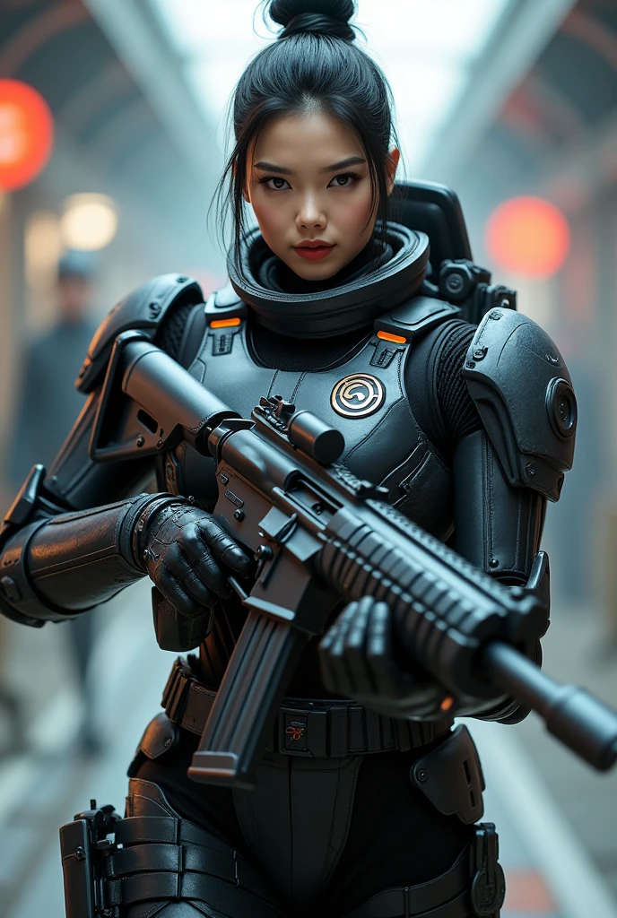 score_9, score_8_up, score_7_up, score_6_up,character_UI, Futuristic Chinese female soldier (Fan Bing Bing, Supermodel, extremely beautiful, bun) in full heavy tactical cybertech power armor (metalic black, empire logo engraved, boots, heavy tactical vest, Warhammer), police engraved, posing with a tactical assault cannon rifle, Sleek black long hair, perfect result, hyper realistic,mecha armour,Fantasy detailers,1girl