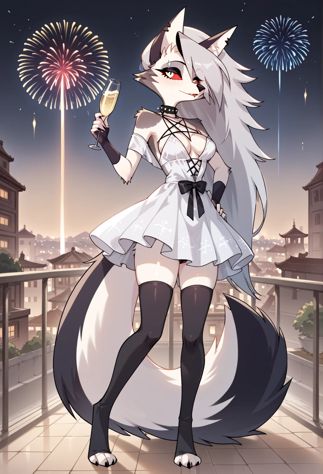 Loona, female, hellhound, busty, wearing a sleeveless swimsuit, tail, outside in the night sky, looking at fireworks, standing, posing, happy, hd 8k, high resolution,