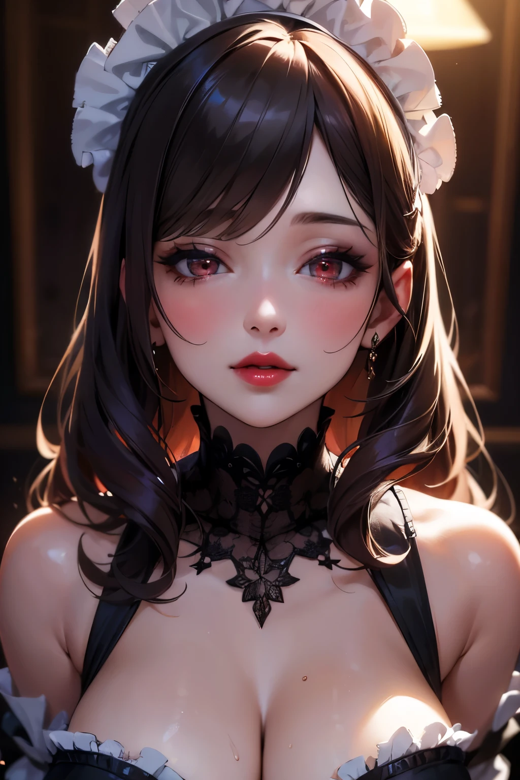 (Limited palette), Best Quality, (((masterpiece))), (((Beautiful detailed hair))), (((Beautiful detailed skin))), Alone, , younger, , (((by white))), Red eyes, (mask), blunt bangs, ((by white sobre los ojos)), by the wide, medium breasts, white dress with ruffles, white ruffles, too many decorations, rosa, noble, leal, bridal hair head, (((Eye focus))), (((horny expression))), blurred background, bright Eyes, Star Eyes, (red theme), bedroom background, looking at the viewer, (((Hair collection))), (((evening))), half closed eyes, close up, (((hair ornament))), upright body, well cut bangs, hair braided behind the head, sleeveless dress,