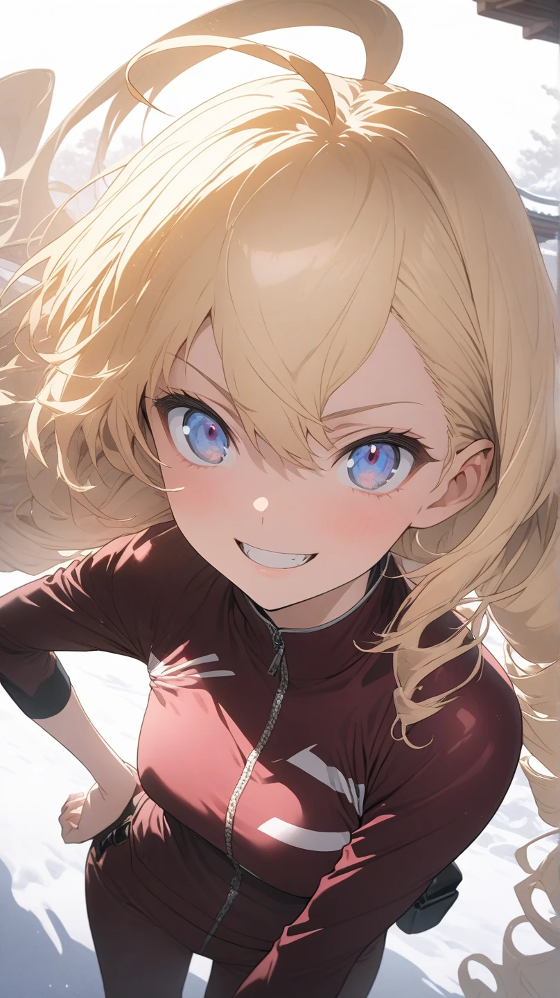 ultra-detailed, detailed face, Alone, a girl, Blonde, long hair, drill hair, ahoge, blue eyes, slant eyes, narrow eyes, maroon sportswear long pants, maroon sportswear, Black platform boots, Black platform boots, grinning,  neutral, expressionless, Mouth grinning, hand on own hip, Put the little white dragon on the girl's shoulder, white snow background with east asian architecture, anime, illustration, masterpiece, best quality, detailed, mystical atmosphere, pastel academia, soft-edged, soft surface, simple line drawing, aerial view, spot lighting, backlighting, moody lighting, underlighting, sharp shadows, fast shutter speed, 2D Anime, Best Hands, Best Hand, 135mm, F4.0, SONY FE GM, upper body,Best Hand 