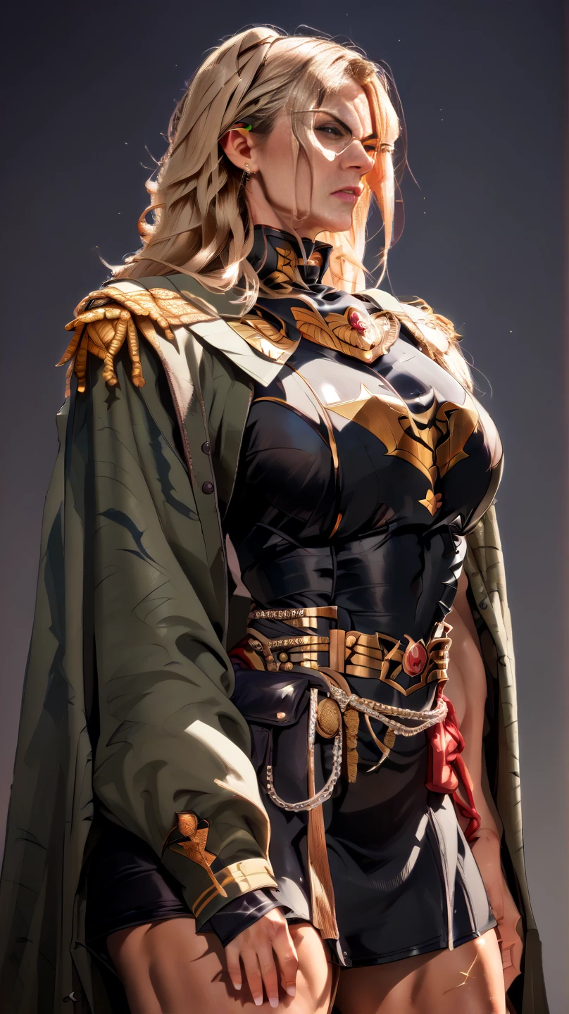 A portrait of a tall, muscular, mature woman walks forward. She is dressed in a Commissar uniform, fantasy military uniform, with a military cape on her back. She looks determined and serious as she walks. She is an older woman. She is muscular with thick muscular legs and muscular thighs. She has strong muscular arms. High quality, best quality. Super detailed, hyper detail.