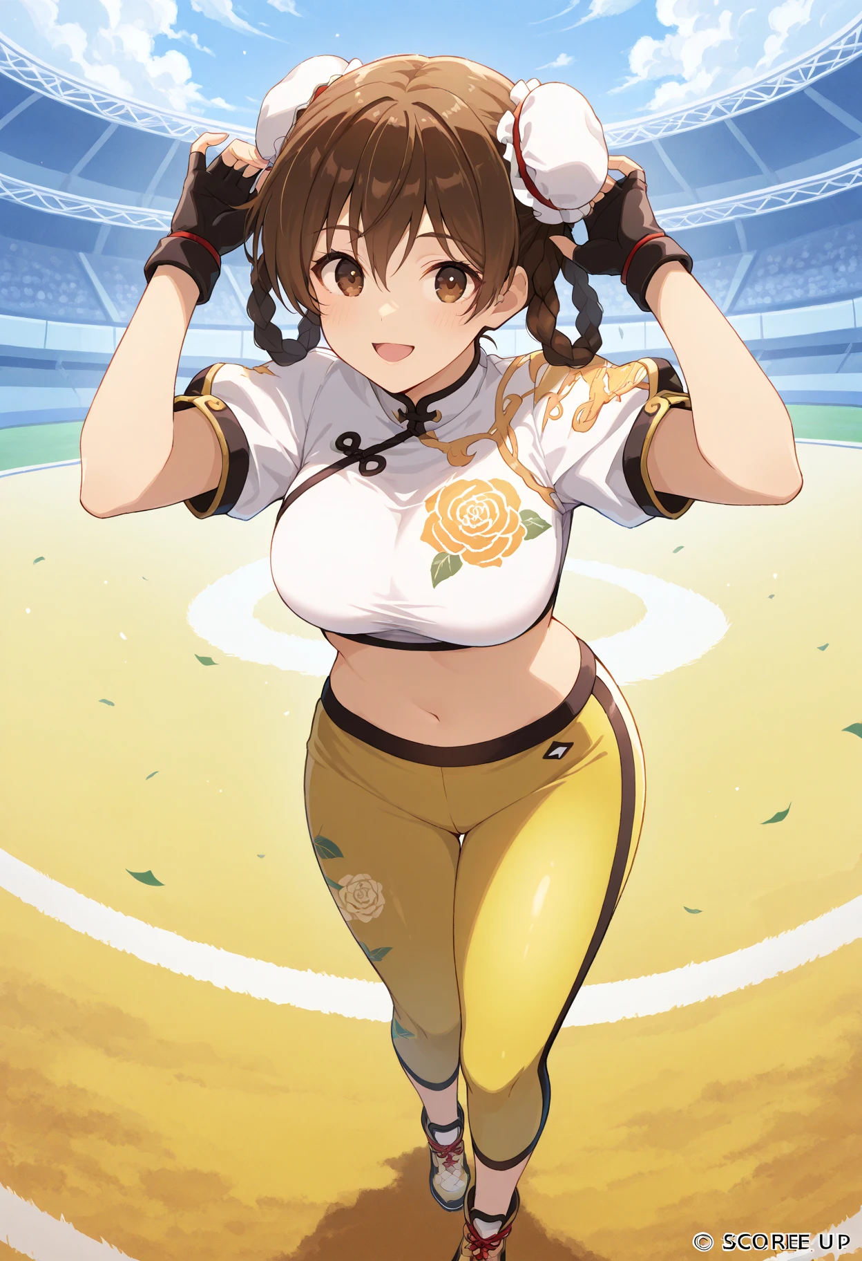 score_9, score_8_up, score_7_up, score_6_up, source_anime, BREAK masterpiece, LeiFangDOA, brown hair,  twin braids, double bun, bun cover, crop top, yellow leggings, short sleeves, fingerless gloves, breasts, smile, open mouth , full body, adjusting hair , smile, parted lips, looking at viewer, stadium