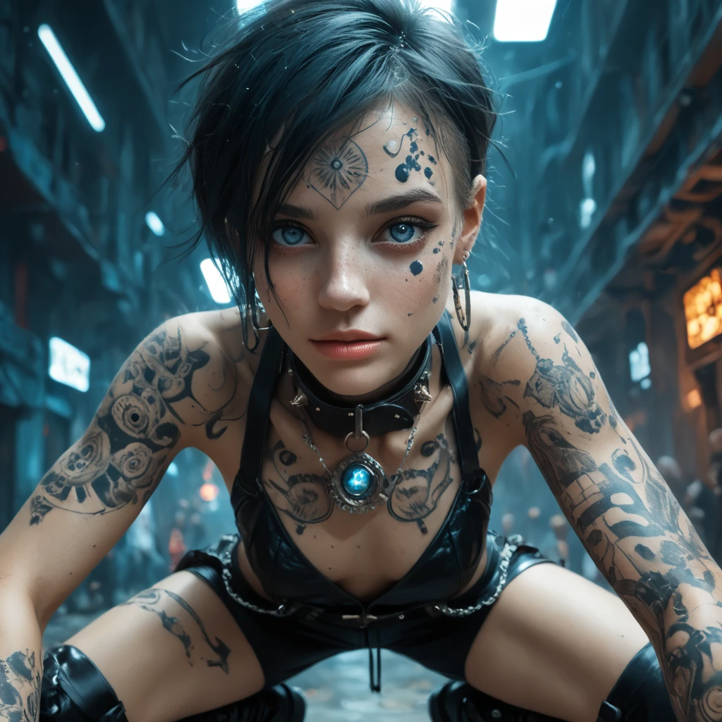 Please create an image of a young top model beautiful 
noodist woman with charming freckles, dressed in a revealing outfit with short blonde hair in a futuristic style greed blue eyes. Her slender body with rounded hips and expressive nippeles hints at sensuality. Tiny pantties, a leather collar, and a tattoo on her right butttocks,prinkle nippeles, complete the look. Black garters,SD3.5, masterpiece.ultra detailing face and eyes.1 девочка, Соло, Высокое разрешение, Шедевр, Реалистичная анатомия, Отмеченный наградами, Лучшее качество, Детально, HD-модель, Очень детально, Сверхвысокая чёткость, Атмосферная перспектива, , ultra dynamic lighting.