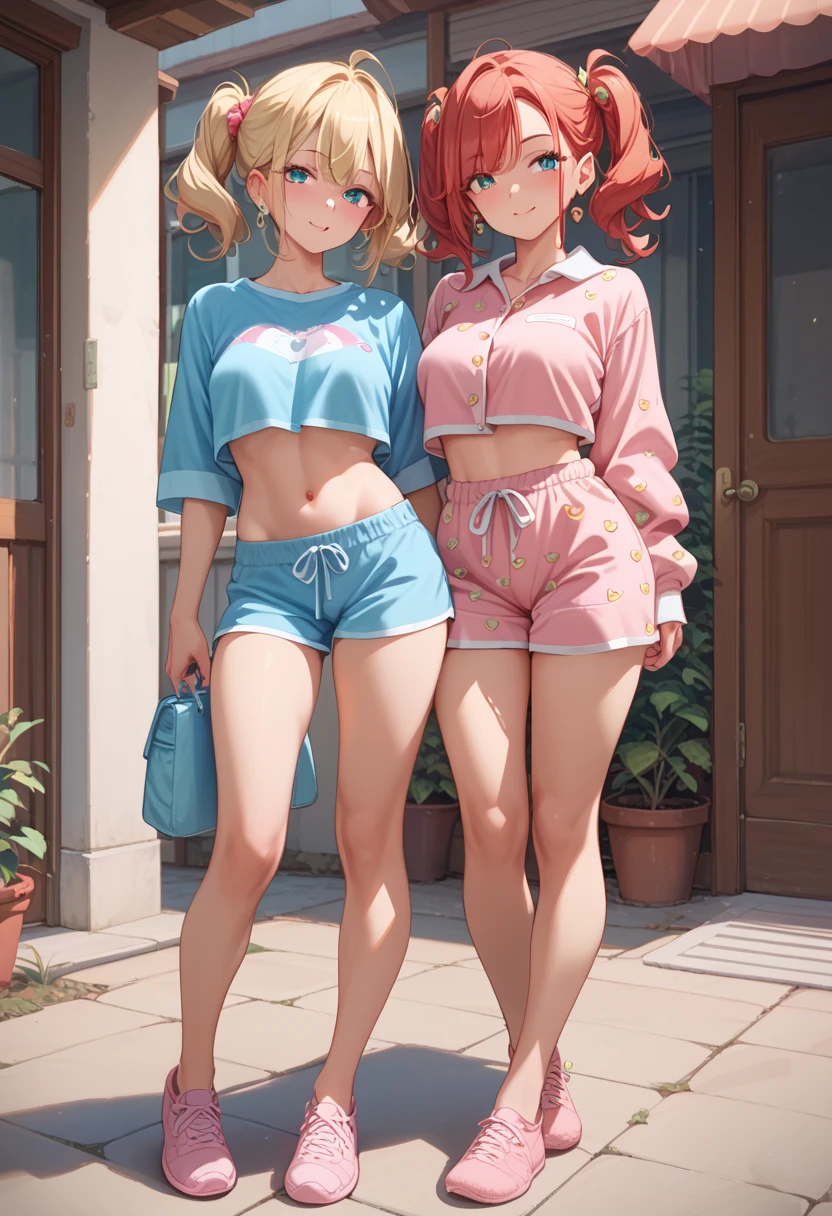 2girls, Two girls in pajamas shorts with crop tops, full body,