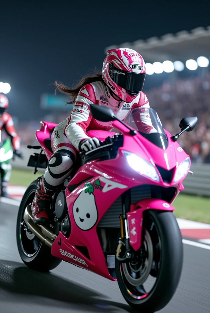 ultra-realistic, photorealistic, dramatic scene from the motorcycle racing competition, shadow, global-illumination, solo, very beautiful Japanese long haired woman, she is high school student but professional motorcycle racer, She is racing on the pink colored Honda's racing motorcycle, CBR1000RR, at the circuit at night, lots of spectators on the stand, wearing a very cute white daikon radish character printed pink with white colored leather racing suits, very tight fitting, wearing a fast-look patterned SHOEI full-face helmet with a transparent visor, beautiful detailed her eyes, the white daikon character that printed on the side of her motorcycle is 1 daikon\(large, very cute white daikon radish character, very cute smiled face, very detailed, chubby, full body\), (spot lighting), professional lighting, smile, 