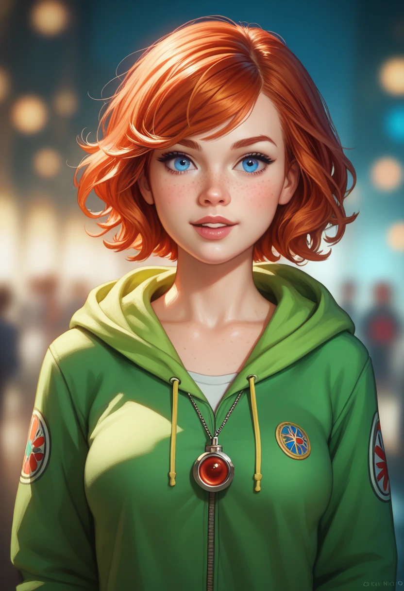 (realistic oil art, image up to the waist, 20-year-old princess, Norwegian, blue eyes, vibrant look, redhead, short hair), ezio auditore tunic, hooded, black, brown, red details, ornaments, freckles on 10% of the cheekbone, perfect face, critical camera, blurred background, warm light, more details in clothing, strong leftovers, mystery pose
