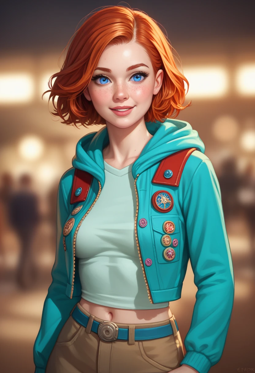 (realistic oil art, image up to the waist, 20-year-old princess, Norwegian, blue eyes, vibrant look, redhead, short hair), ezio auditore tunic, hooded, black, brown, red details, ornaments, freckles on 10% of the cheekbone, perfect face, critical camera, blurred background, warm light, more details in clothing, strong leftovers, mystery pose
