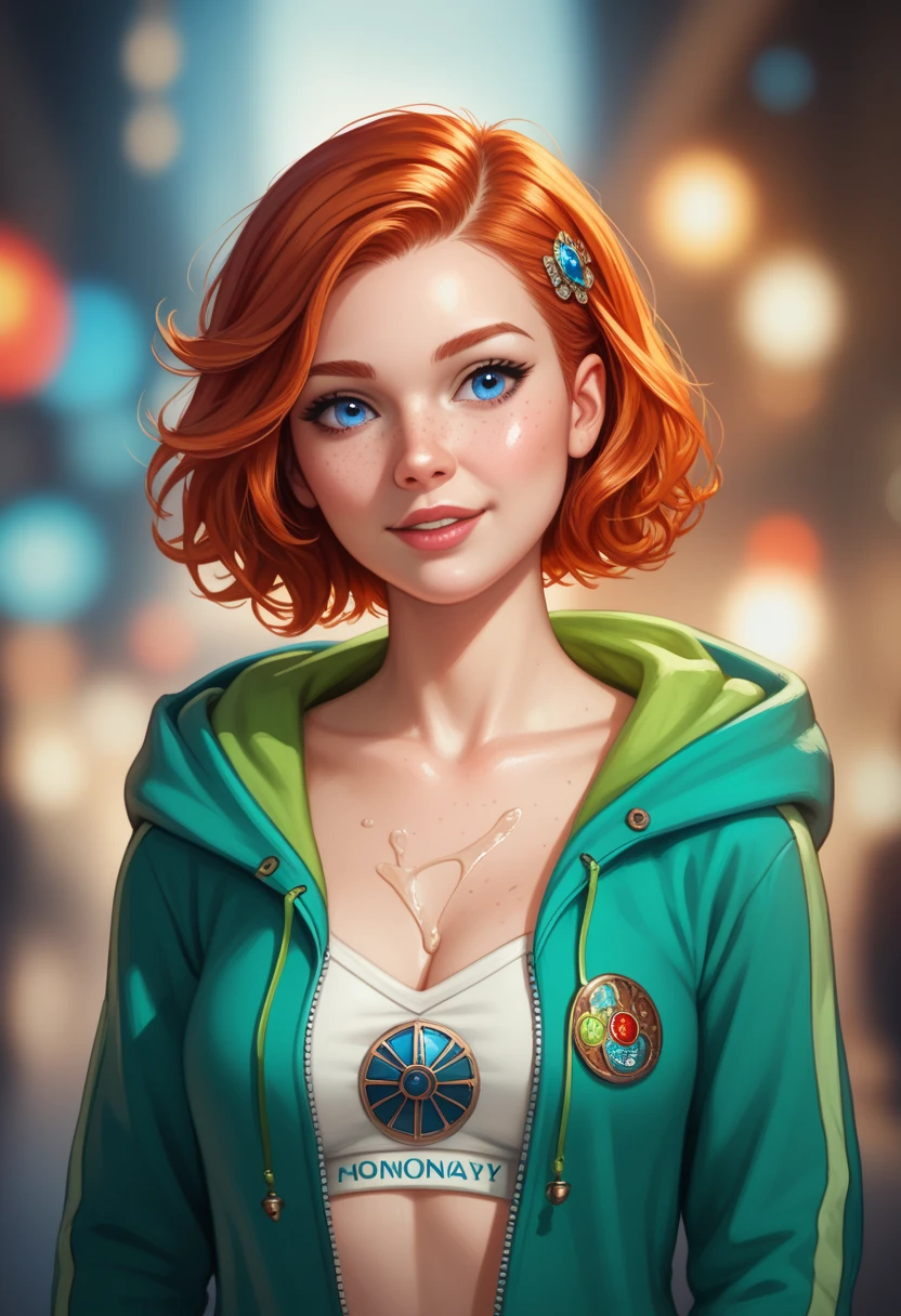 (realistic oil art, image up to the waist, 20-year-old princess, Norwegian, blue eyes, vibrant look, redhead, short hair), ezio auditore tunic, hooded, black, brown, red details, ornaments, freckles on 10% of the cheekbone, perfect face, critical camera, blurred background, warm light, more details in clothing, strong leftovers, mystery pose
