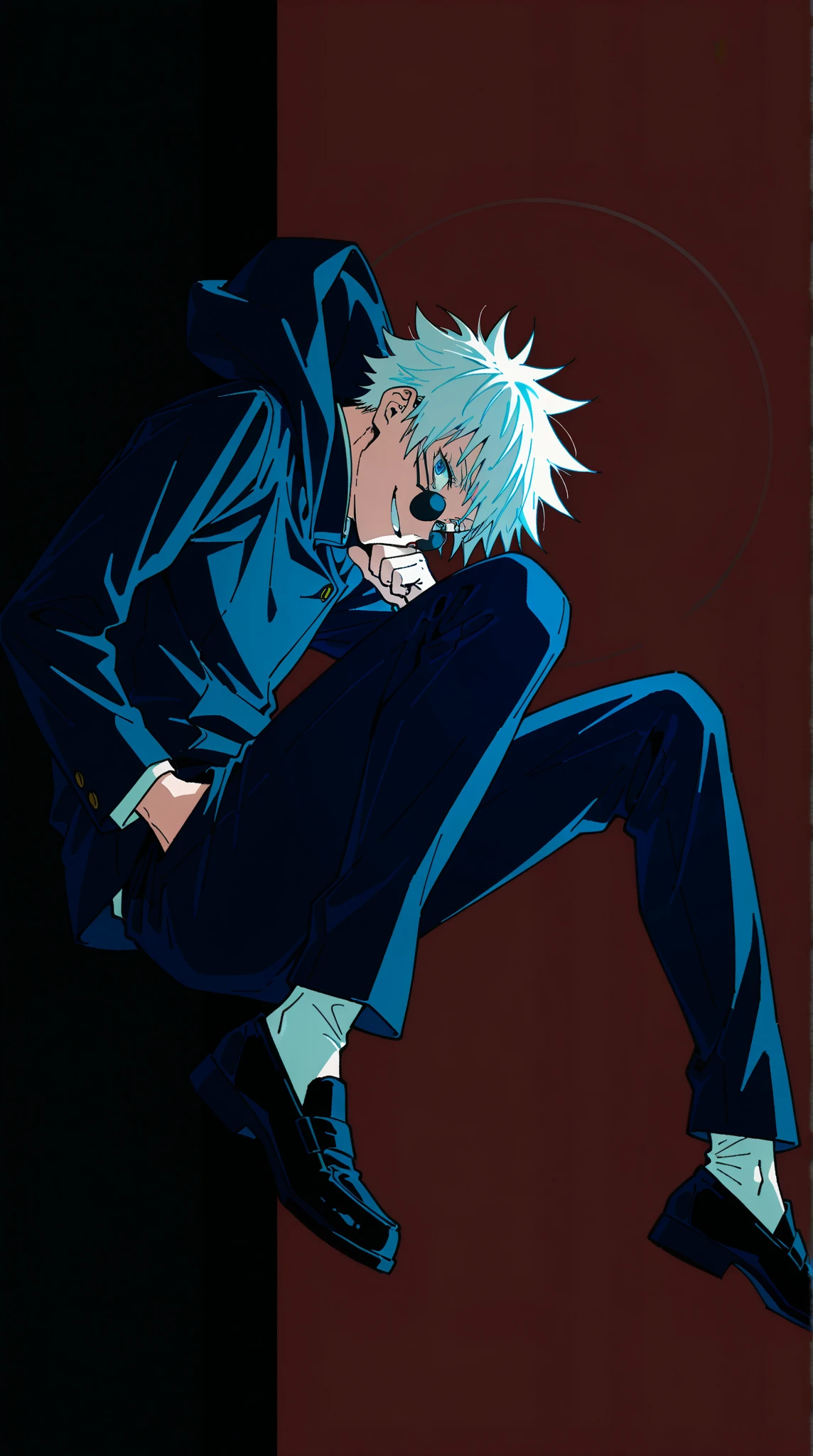 solo,1boy\(satoru gojo\((jujutsu kaisen:1.3),movie,student\),18 years old,(white long eyelash:1.2),(bangs), black (high-school uniform:1.2),beautiful eyes,black shose,(long hair:0.5),white hair,circle-sunglasses,full body,hands in pocket,smirk, shiny glowing blue eyes\),stylish blue and red background,dynamic angle