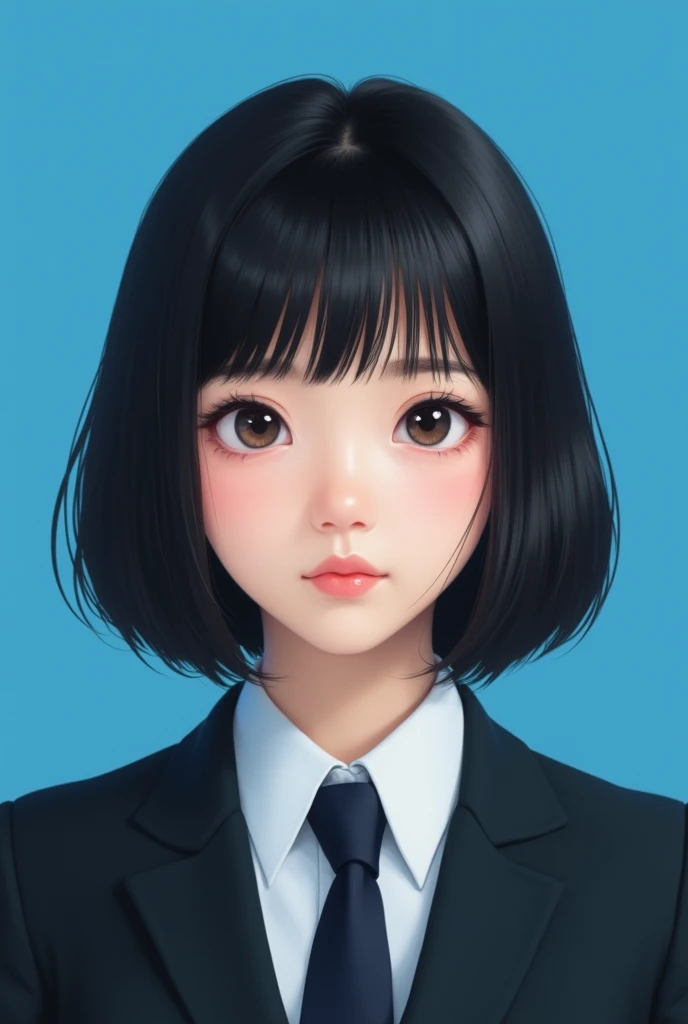 NSFW, (kawaii 24 year-old Japanese girl, Nogizaka idol, Korean idol), (glossy hair, very short hair, bangs:1.3), (beautiful black eyes, rounded face, single eyelid, no makeup:1.4), (embarrassed, noseblush, sex silly, orgasm, empty eyes, half opened mouth:1.5), (cum to face, semen on the face, bukkake:1.5), (wearing suit jacket, collared shirt, necktie:1.3), (extra small breasts:0.9), BREAK, (simple blue background:1.3), (view from forward, bust shot:1.3), BREAK, (masterpiece, best quality, photo realistic, official art:1.4), (UHD, 8K quality wallpaper, high resolution, raw photo, golden ratio:1.3), (shiny skin), professional lighting, physically based rendering, award winning, (highly detailed skin, extremely detailed face and eyes), Carl Zeiss 85 mm F/1.4, depth of field, 1girl, solo,