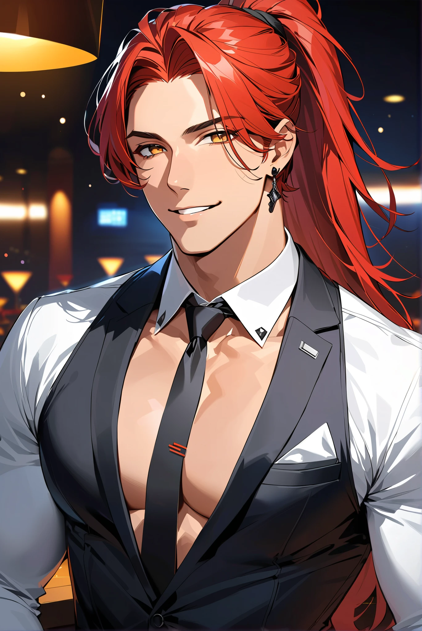 (score_9, score_8_up), score_7_up,Masterpiece,high resolution,top quality,fine,unique,1 male,handsome male,32 years old male,beautiful,tanned skin,long red hair,man ponytail, Yellow eyes, sly smile, chest, slight muscles, confident smile, black tie, dark nightclub background, black earrings, black choker