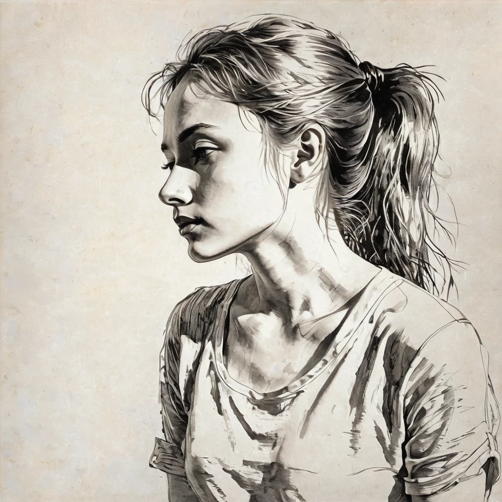 Super detailed, in the highest quality, sketch of 1 girl, pose from head to shoulder, pen and ink, melancholic, poetic atmosphere, exquisite expression, complex brush strokes, center, (light from above obliquely, light and shadow), ray tracing, (masterpiece)
