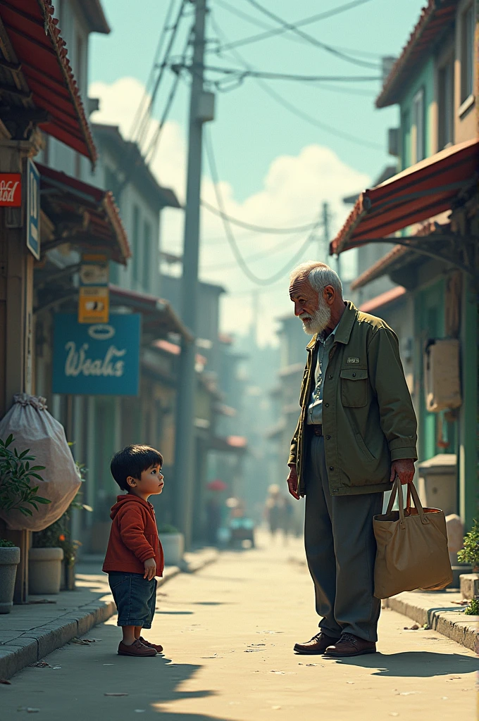 A photo divided in two, on one side a man and on the other a child walking on the street, banner format, cardeno art style.