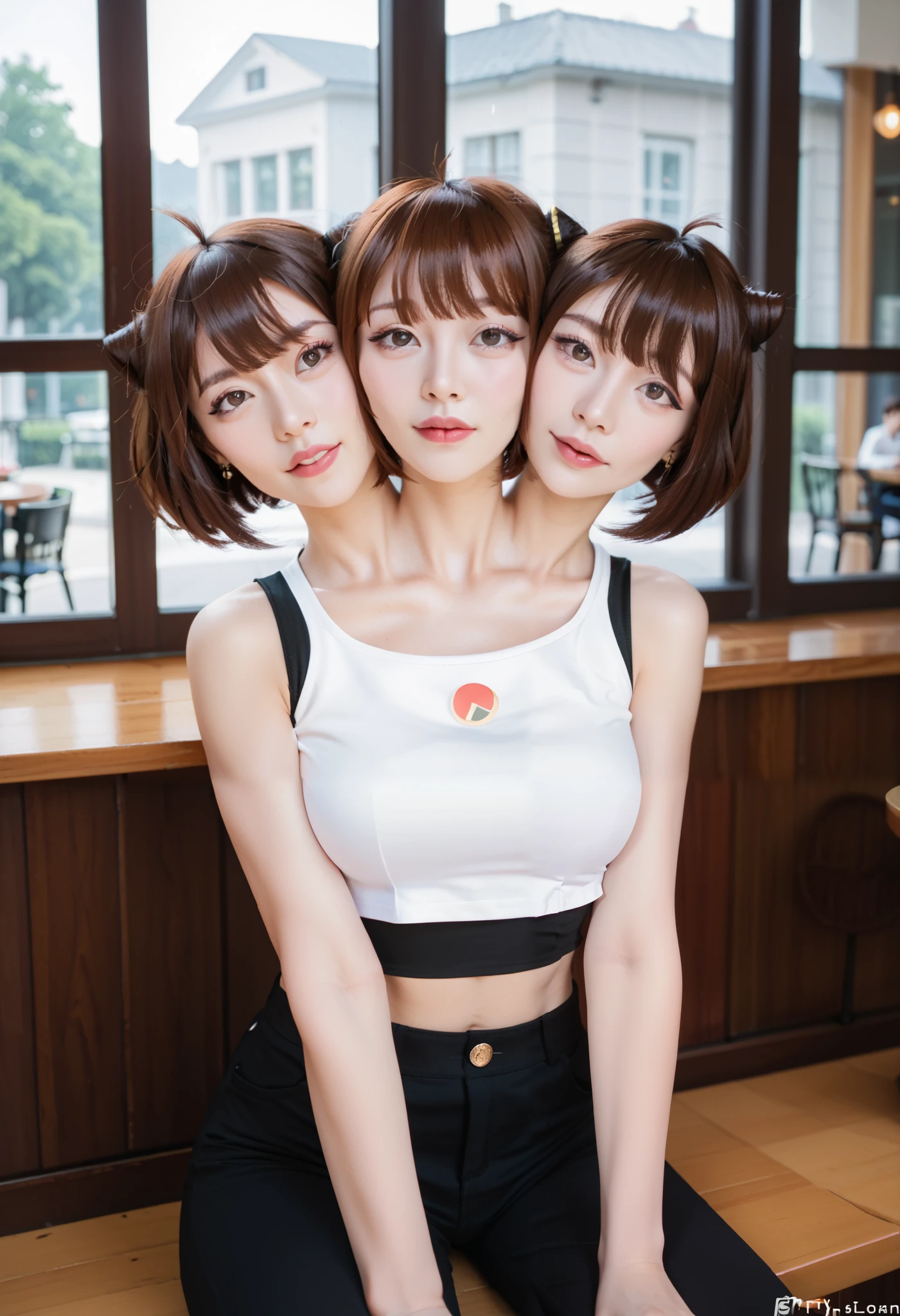 best resolution, 3heads, woman with three heads, conjoined,tall, brown hair wispy bangs with short hair, mm, flirty expression, asymmetrical style, crop top, midriff, indoors, sitting at a booth, in a cafe