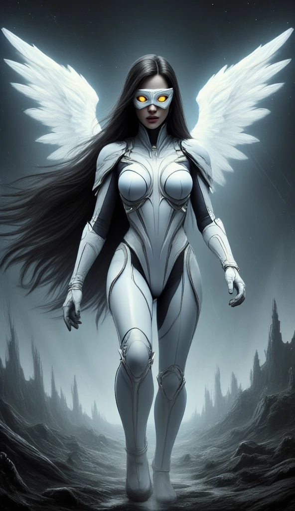   Beautiful woman with long black hair  , with bright yellow eyes , wearing white armor like a futuristic angel  , It has a wing  ,   with a white mask attached to the armor that covers her eyes , walking por un mundo gobernado por el mal , walking,  High resolution ,  showing an imposing pose while walking ,  hot adult girl , getting closer to the spectator in a hopeless world, Epic illustration, bright golden pupils,  long hair,  Precise,  Anatomically correct, 