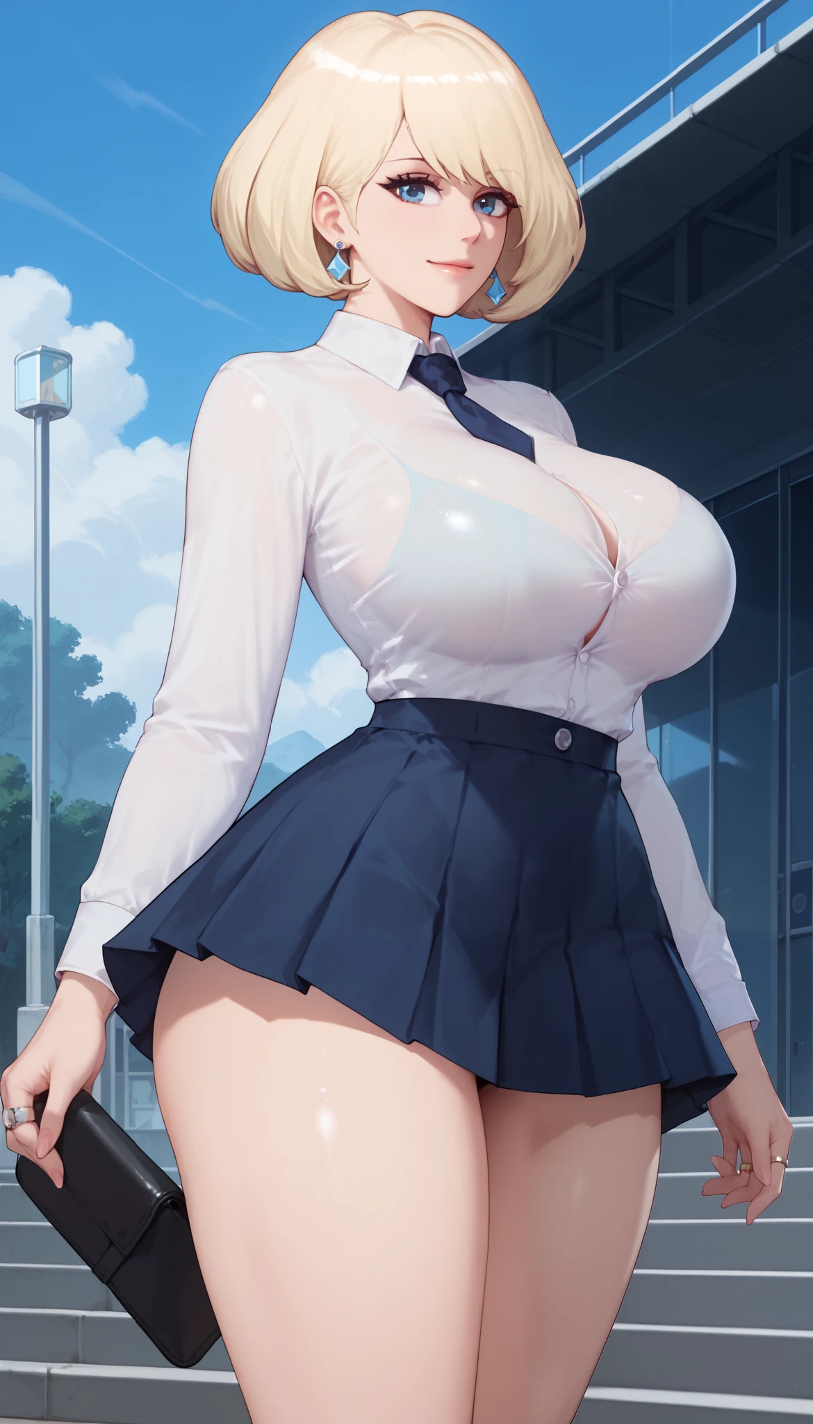 score_9,score_8_up,score_7_up,score_6_up,score_5_up,alienquestellen,short hair,blonde hair,curvy,huge breasts,bubble butt,ass visible through thighs,outdoors, officer, smile closed mouth ring earring locking at viewer large breasts huge breasts , blue eyes ,,,,, , skirt, vest, white business suit, business suit