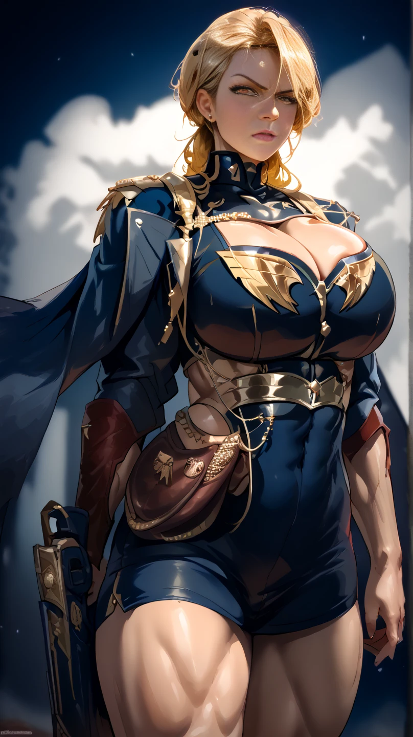 A portrait picture of a tall, muscular, blonde, mature woman walks forward. She is dressed in a Commissar uniform, fantasy military uniform, with a dark blue military cape on her back. She looks determined and serious as she walks. She is an older woman. She has a big chest, huge breasts, big breasts. She is muscular with thick muscular legs and muscular thighs. She has strong muscular arms. She has a beautiful face. High quality, best quality. Super detailed, hyper detail. Sexy. Pretty.