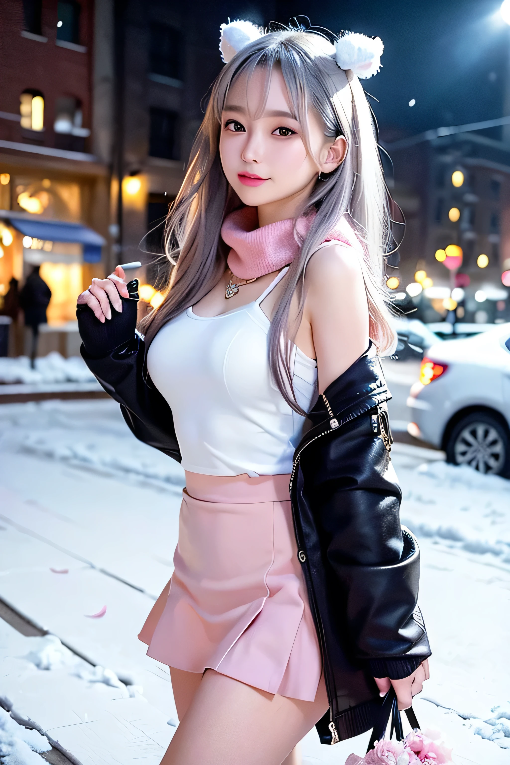 ((face Portraiture)), masterpiece, highest quality, High resolution, Ultra-realistic、Elizabeth, One girl, jewelry, Single knee socks, Silver Hair, Hair on one eye, abdomen, Black Skirt, Asymmetrical legwear, Pink Shirt, No sleeve, Black knee socks, belt, Landscape Background, Are standing, Portraiture