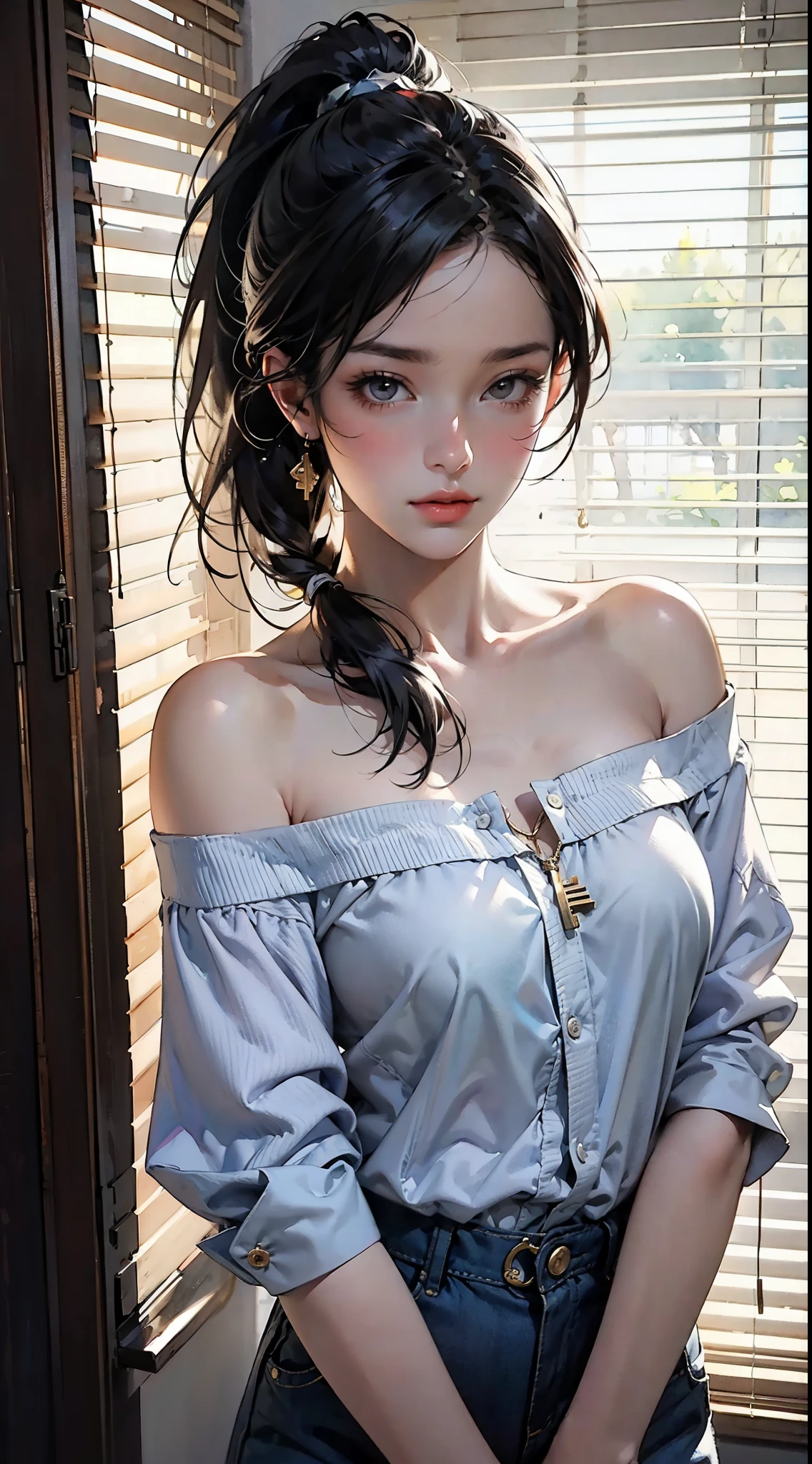 (1 cute Korean star) Realistic photo of shoulder-length hair, light makeup, medium breast size, no clothes, in school, clear facial features, 8K high resolution, clear and realistic details.