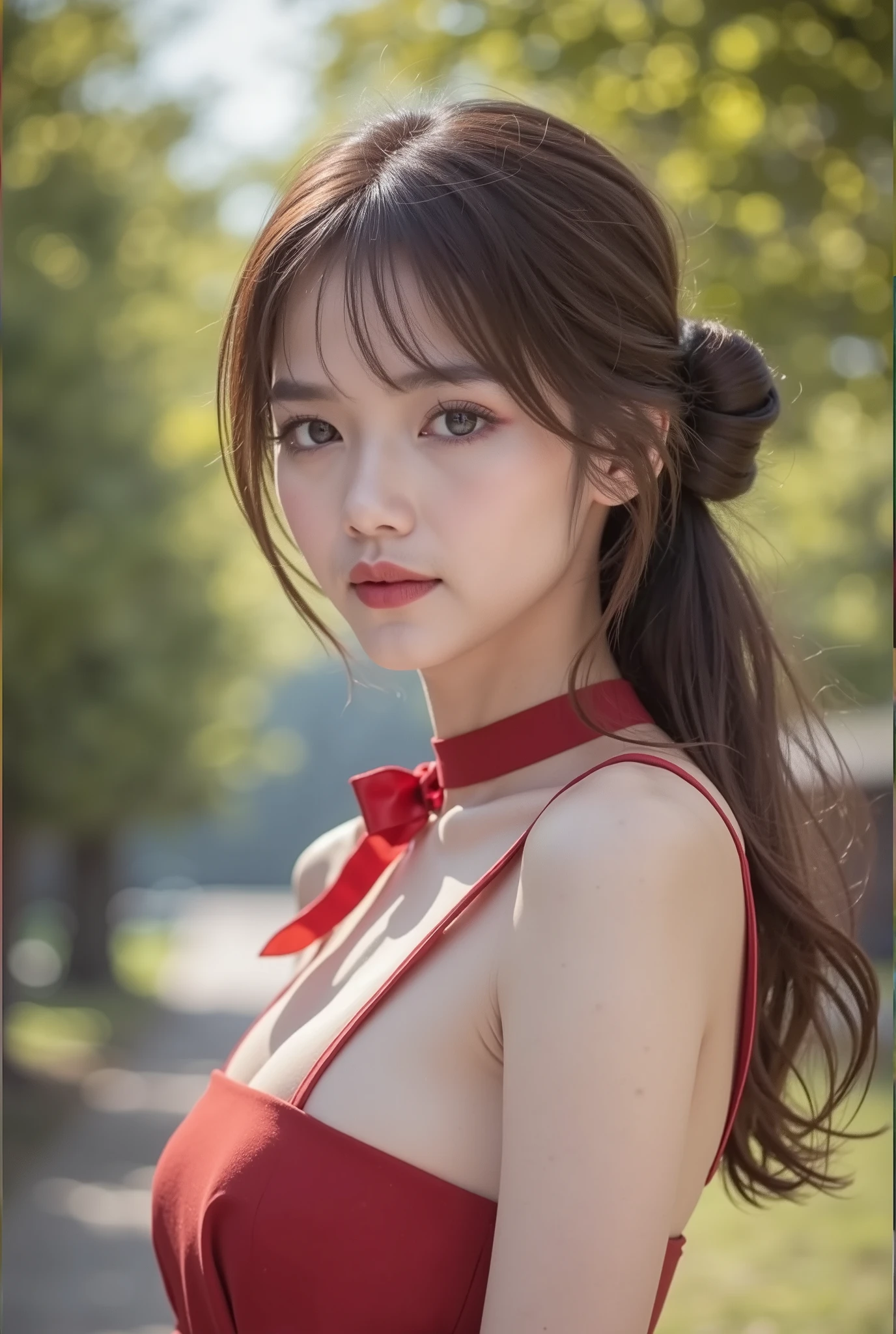  Close-up photo of a beautiful 20-year-old woman, She is wearing a Santa Claus hat ,  wearing a Christmas patterned sweater ,  in the background with a Christmas tree , Bright smile, cleavage, Red lipstick,  She is doing Christmas makeup , movies, high contrast, christmas lights 
