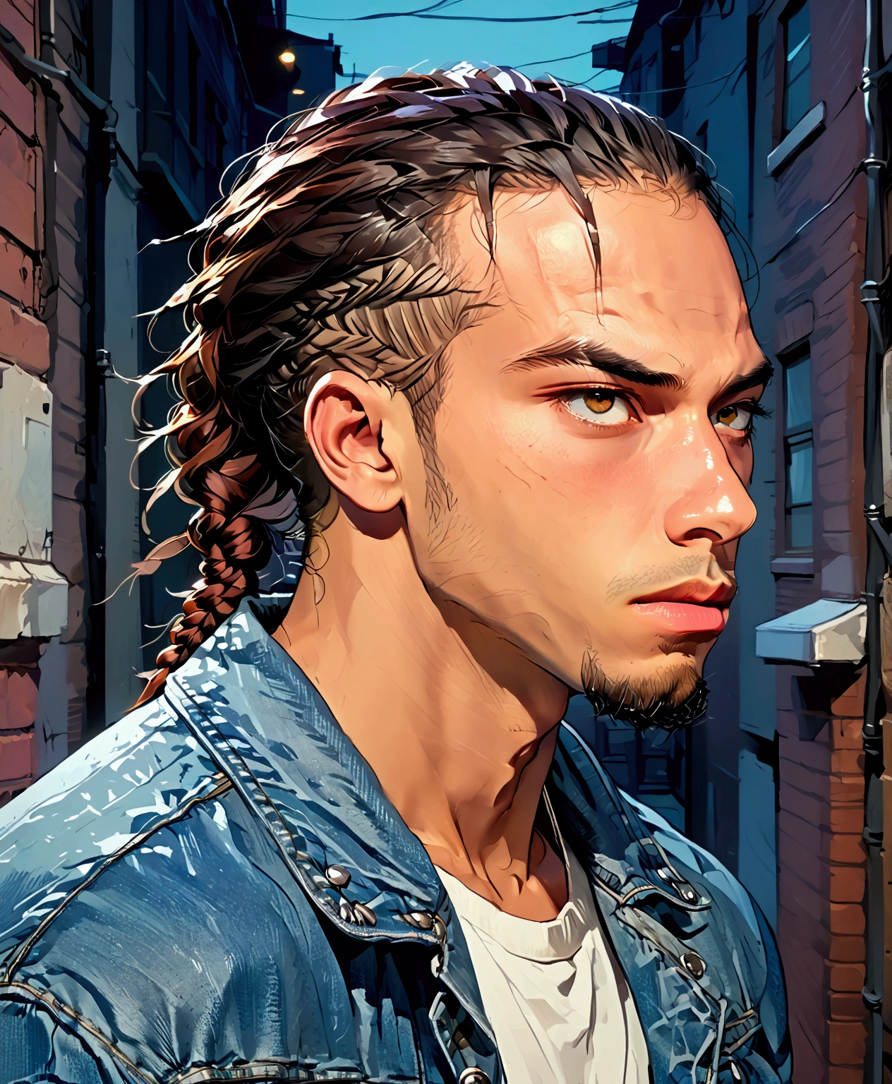 (foco frontal), (8k, 4k, intricate),(closeup-shot:1), (highly detailed:1.2),(detailed background:1.2, alleyway, city background, night time), Masterpiece, best quality, {best quality}, {{masterpiece}}, {highres}, focus, anime style, an close up of a man with dreads and a denim jacket, detailed style, detailed and sharp, redahair and attractive features, long braided hair on top of head, white black fade braided hair, cornrows, sharp and detailed, cornrows braids, with textured hair and skin, a black man with long curly hair, twisted braids