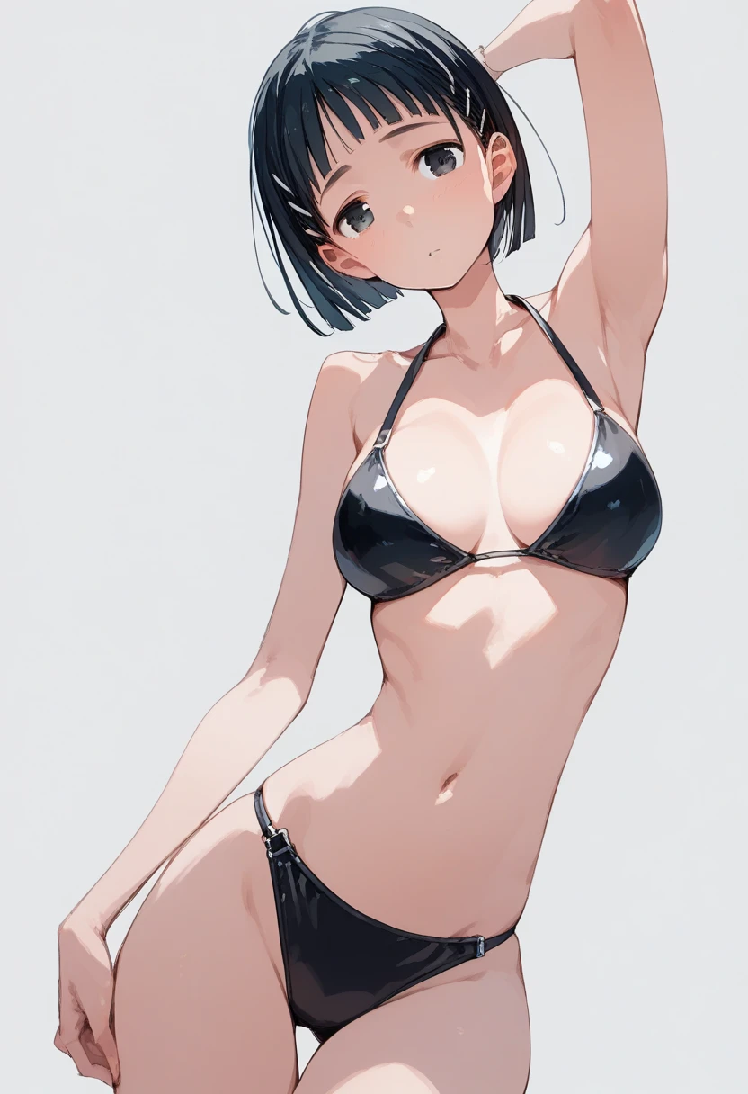 pt,pt,pt,suguha, Big Breasts , flat shading, cell shading, anime style, clear outline,furubody, anime painting, flat shading,日本の anime styleのアート,,Fully clothed,JK,zipper leather bikini, bikini swimsuit,suguha