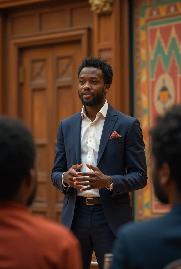 Male, Adult, African American, Dark Skinned, Professor, College Lecture Hall Background, High Top Fade, Glasses, Short Hair, Light Room, Waist Up Body Portrait, HalfSmile, hands in pockets, Facial Hair,