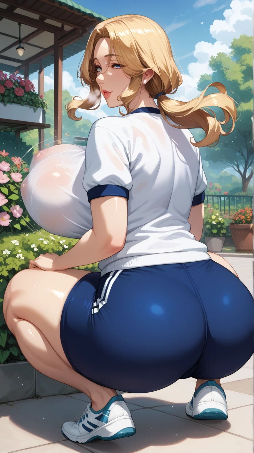 score_9, score_8_up, score_7_up, ASCII masterpiece, source_anime BREAK Gym Uniform,garden, 50 year old mature woman,solo, squat, backshot, anatomically correct, perfect face,Beautiful, well-groomed eyes, beautiful skin in NFSW, Big Breasts ,Bouncing Breasts, STEAM BREAK BLONDE、parted bangs, medium hair, hair flowing back on one side、( wavy hair:0.7),low ponytail