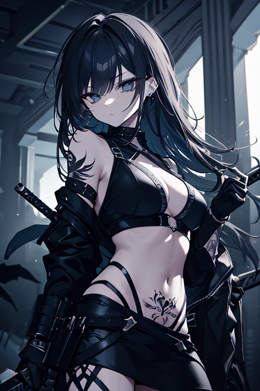 (Masterpiece, Best quality, ultra high resolution),1girl,((oni girl 👹)),(black jacket),(colored skin blue skin),beautiful and detailed face, detailed eyes, looking at the viewer,(grey theme),in a dark cave,