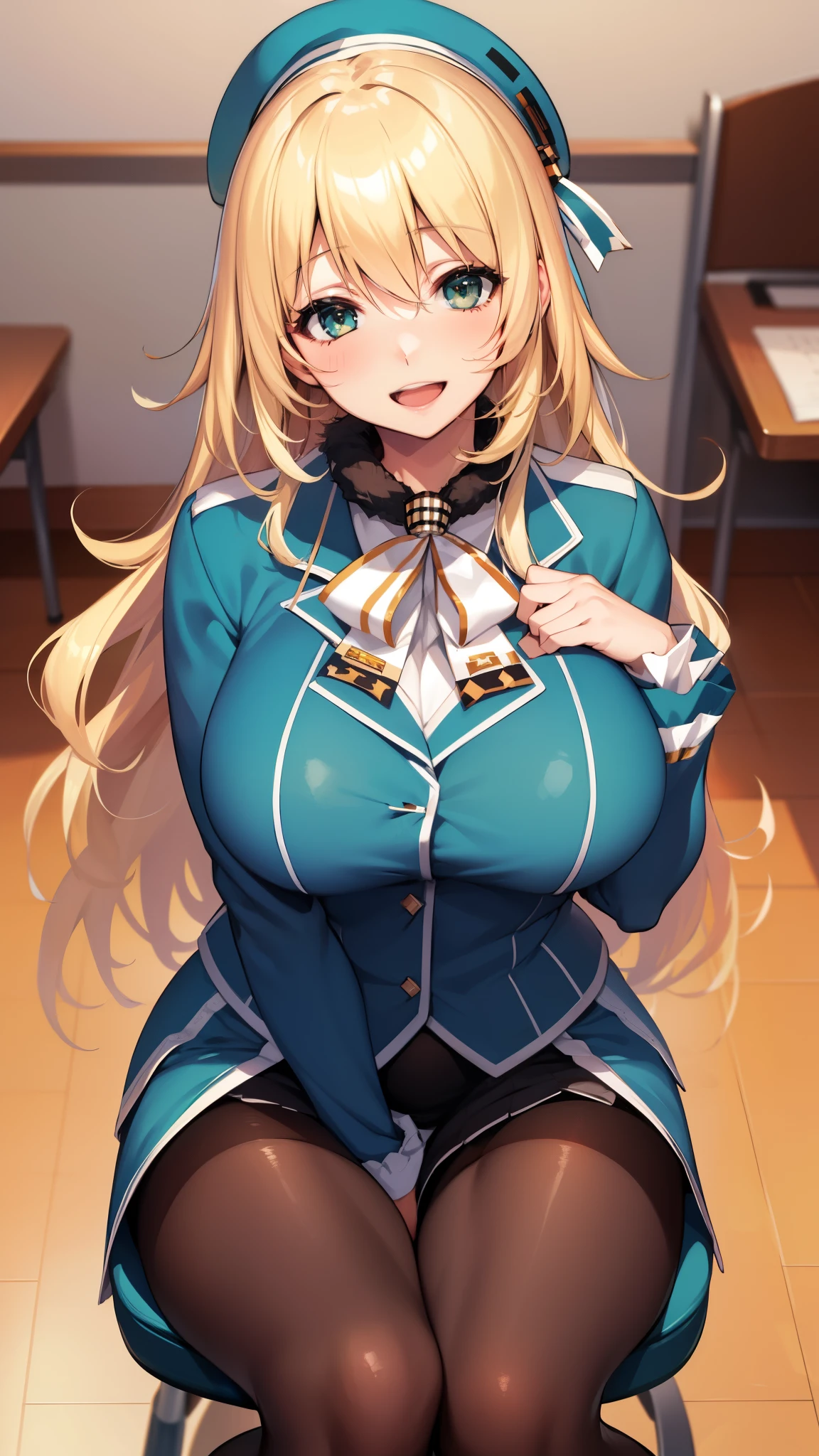 , Looking at Viewer,
blonde hair, large breasts, Smile, Open mouth, smile,wide hips,long hair,indoor,uniform,AtagoKC, (Atago) uniform,beret,sitting,office,desk,chair,silver,pantyhose