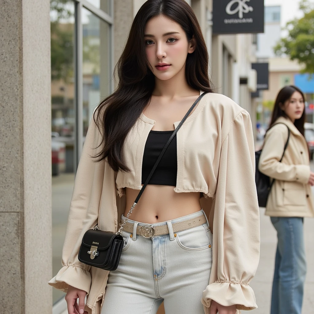 Chinese girl, 22 years old, white, cm .185 White skin, with a natural and symmetrical heel, wearing a beige suit, a long denim skirt +Prada long jeans belted with a sexy release, paired with a black cropped top inside and black long boots. The dress feels both formal and fashionable.