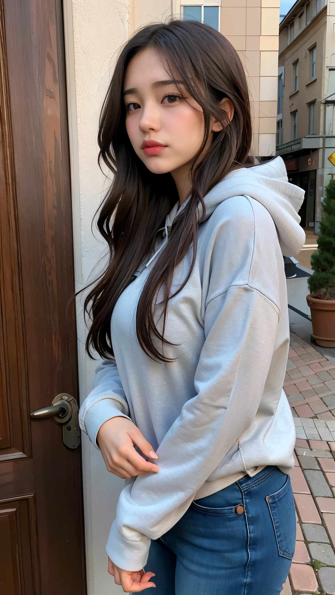(8k, RAW photo, best quality, masterpiece), (realistic, photo-realistic:1.2), ultra detailed, 1 girl, cute, solo, beautiful detailed sky, detailed cafe, night, sitting, dating, dose blush, closed mouth, Beautiful and delicate eyes, wearing hoodies, dolphin shorts, medium build, flowing hair, ((pick dye long blue hair)), GIRL, FEMININE, pink eyes, ultra-fine details, complex scenes, ambient light, soft light, elegant, symmetrical facial features, accurate anatomy, anatomically correct girl, landscape, hairspring, ethereal, full body, ponytail, gentle, gentle, sensible, big breasts,