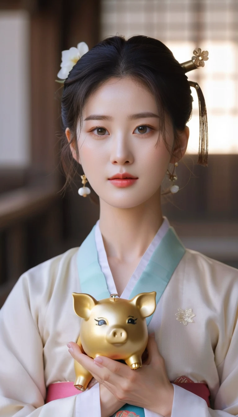 A beautiful woman with exquisite, detailed eyes, perfect facial features, a masterpiece, best quality, wet, glowing skin, glossy skin, excellent quality, complex details, earrings, ray tracing, (semi-transparent:1.3) Inside a traditional Korean building, a masterpiece, highest quality, realistic: a beautiful Korean woman in a Hanbok carefully holding a golden pig with both hands. She is holding a golden pig to her chest. The beautiful woman. She is facing towards us with her whole body. Her hair is styled, and she is wearing a hair accessory that complements her Hanbok. Her eyes are meeting the viewer's gaze.