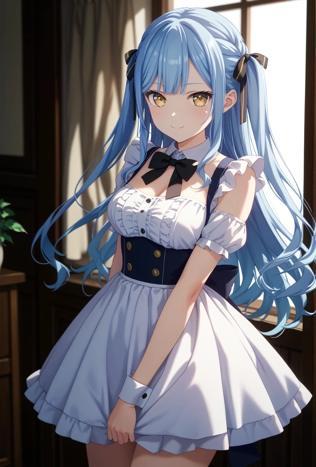  1 girl、One person、Togawa Sakiko 、 long hair、 blue hair、 yellow eyes、 black ribbon、 hair bow、 two side up 、bangs、 cute smile、 standing with various breasts 、 bow tie、Maid、Frills、Mid-chest、Maidの頭飾り、 top quality 、masterpiece、 white panties
