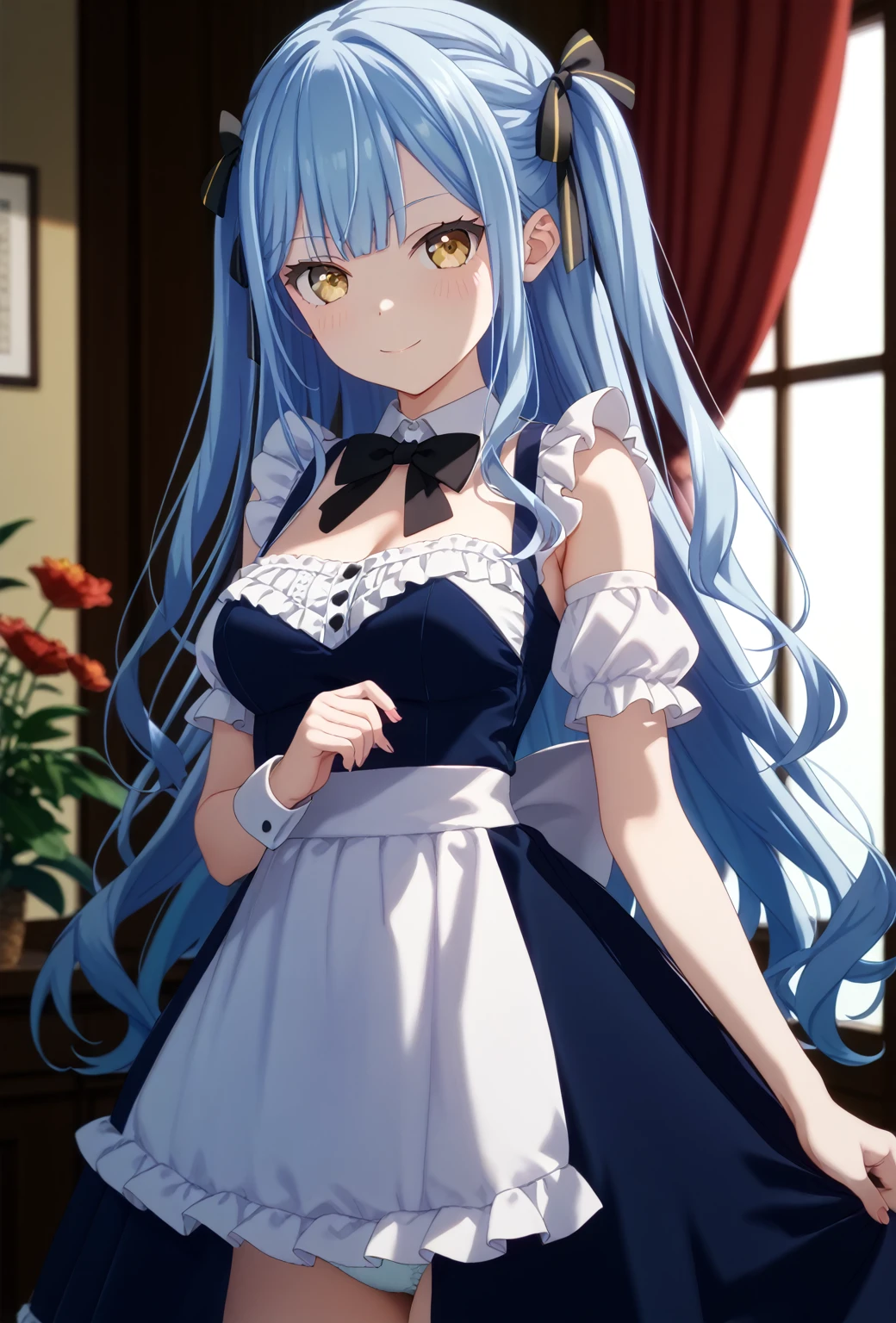  1 girl、One person、Togawa Sakiko 、 long hair、 blue hair、 yellow eyes、 black ribbon、 hair bow、 two side up 、bangs、 cute smile、 standing with various breasts 、 bow tie、Maid、Frills、Mid-chest、Maidの頭飾り、 top quality 、masterpiece、 white panties
