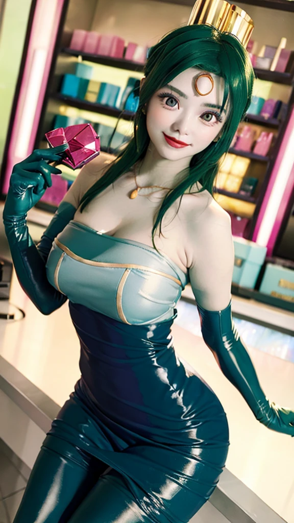 (masterpiece, top quality ,Ultra delicate,  perfect face,16k,   high res ,   very beautiful women,raw photo,very cute), Heavy makeup:1.3,  deep green hair  ,  Blue Latex Bodycon Dress ,   Long Blue Latex Gloves  , Light Green Tights ,  Big Breasts , Tall Cylindrical Gold Headpiece ,   blue-white skin, Red gem on forehead:2.0, ((Cosmetics counter  )),   necklace,  smile ,  cowboy shot