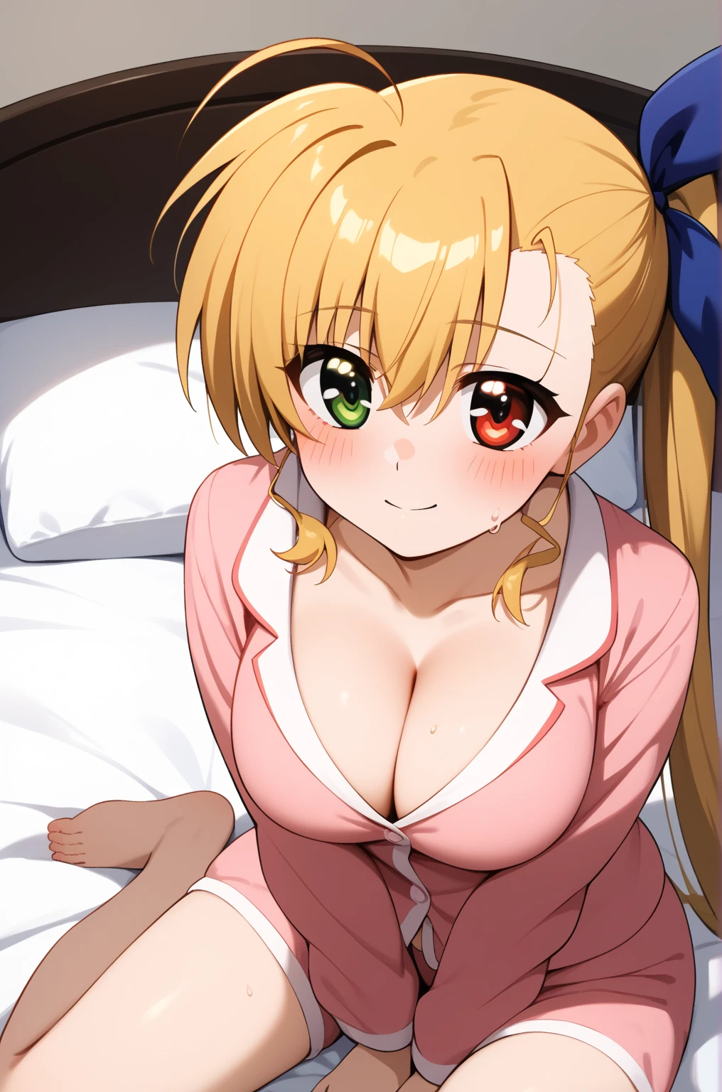 masterpiece,best quality,{{detailed beautiful face and eyes}},
Vivio,{{{megami magazine}}},long hair,blonde hair,ahoge,side ponytail,hair ribbon,heterochromia,grenn eyes,red eyes,large breasts,
((pink pajamas)),
1woman,cleavage,(is aroused,big blush:1.0),sweat,
((on bed,hand between legs,my legs:1.2)),
(night bedroom background:1.0),clothed