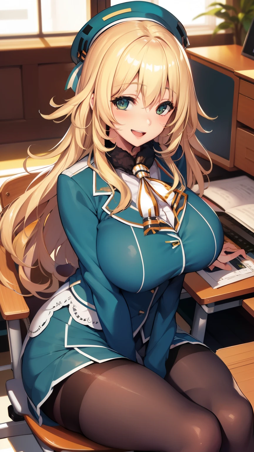 , Looking at Viewer,
blonde hair, large breasts, Smile, Open mouth, smile,wide hips,long hair,indoor,uniform,AtagoKC, (Atago) uniform,beret,sitting,office,desk,chair,skirt,pantyhose