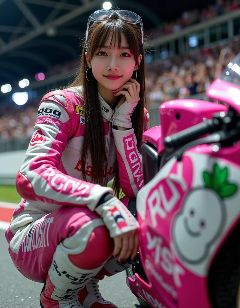 ultra-realistic, photorealistic, dramatic scene from the motorcycle racing competition, shadow, global-illumination, solo, very beautiful Japanese long haired woman, she is high school student but professional motorcycle racer, She is racing on the pink colored Honda's racing motorcycle, CBR1000RR, at the circuit at night, lots of spectators on the stand, wearing a very cute white daikon radish character printed pink with white colored leather racing suits, very tight fitting, wearing a fast-look patterned SHOEI full-face helmet with a transparent visor, beautiful detailed her eyes, the white daikon character that printed on the side of her motorcycle is 1 daikon\(large, very cute white daikon radish character, very cute smiled face, very detailed, chubby, full body\), (spot lighting), professional lighting, smile, 