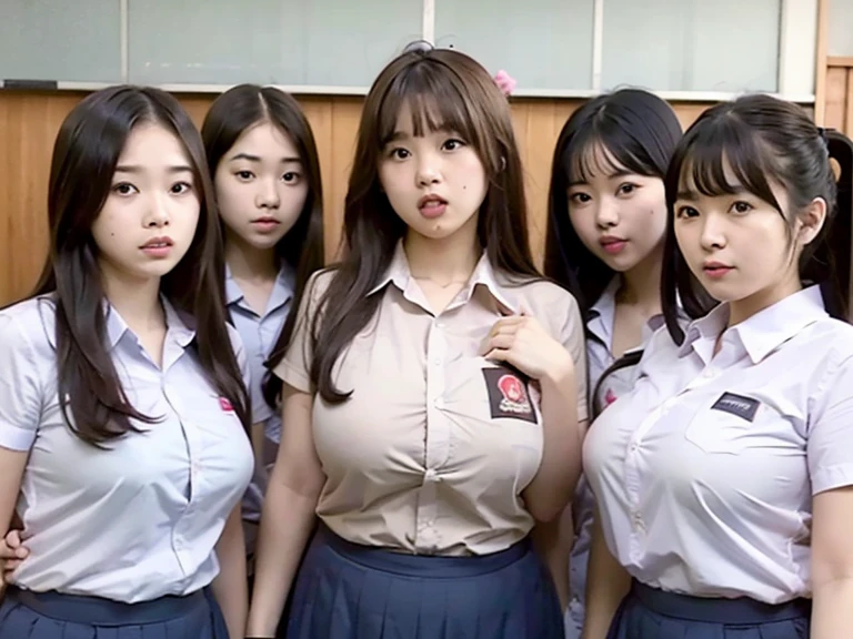 ((super high quality、High resolution、masterpiece、 Anatomically correct、Super detailed photos、Ultra-realistic photos、 Highest quality))、(2girls)、looking at viewer、((portrait))、(from below)、(huge breast)、Small waist、Detailed face、Perfect figure、Three high school girls close together、 Luxury hotel room with night view、Breast enlargement、((group photo))、((school uniform))