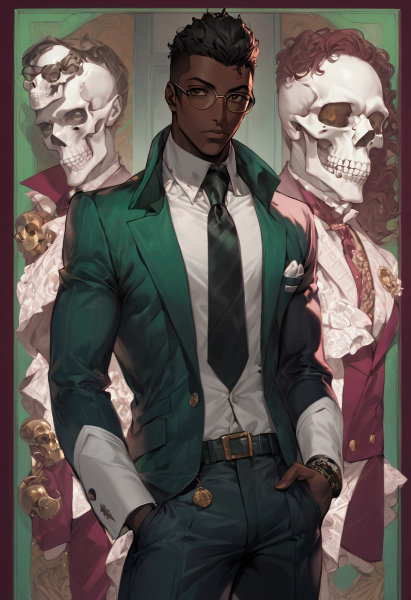 a close up of a dark skin person with fancy glasses wearing a formal shirt with pinstripe pants and black boots, while sporting a pair of brass knuckles and a burgundy jacket with skull insignias adorning the arms and a fur collar. This creates the visage of a high-class gangster , African American character in tekken, dark green eyes, undercut hairstyle, half body close-up shot, male character, single character full body, full body shot hyperdetailed, style of mirror\'s edge, kentaro miura style, half body render,, highly detailed half body, half body portrait shot, epic and classy portrait, digital art from danganronpa,, detailed fanart, featured art, background artwork