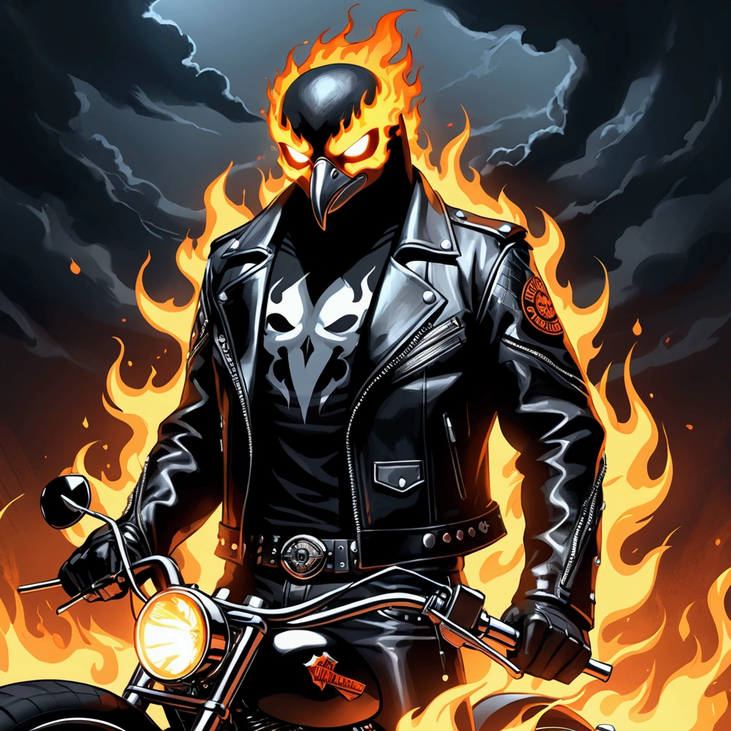 fot. standing alone, blue colored eyes, 1st grade, upperbody, male focus, skull, hooded cloak, W MASK, Ablaze, fire, black backdrop, gauntlets, layer, 1giel, hooded cloak para cima,motorcycle