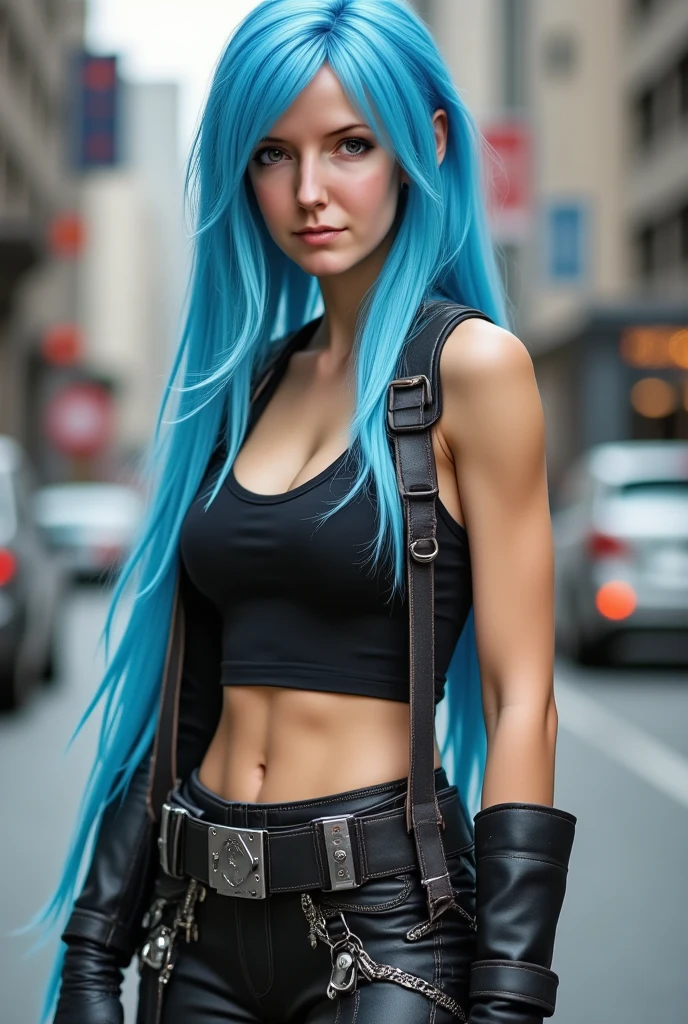 ((( full body photo ))), extremely hot woman with light blue hair , Do cosplay and dress up as Tifa from Final Fantasy 7, She is standing on a street in the middle of Seoul (TifaLockhart) 