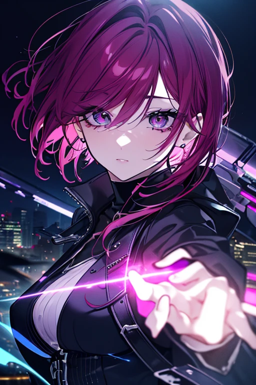 masterpiece, vampire boy,best quality, ultra-detailed, illustration, close-up, straight on, face focus, solo,, short hair, city, sunlight,(Soft glow:1.1),light smile,8k, best quality, ultra high res, vampire male, high quality,cyberpunk style, male,wearing round glasses, sci-fi, anime vampire boy, ((white purple Black mixed hair)), half red half purple eyes, wearing round glasses, silver cross necklace, black rings, fangs, smile, wearing a big cybercoatwith different lighting in it , long big cybernetic scythe, outside, cyberpunk city, red black purple lighting