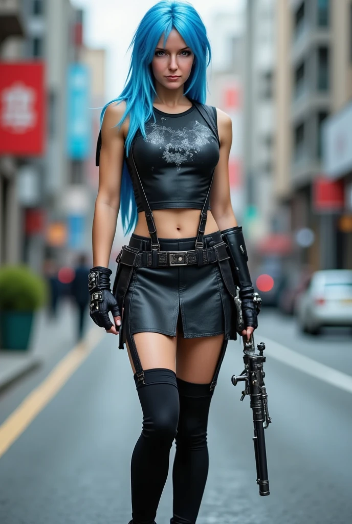 ((( full body photo ))), extremely hot woman with light blue hair , Do cosplay and dress up as Tifa from Final Fantasy 7, She is standing on a street in the middle of Seoul (TifaLockhart) 