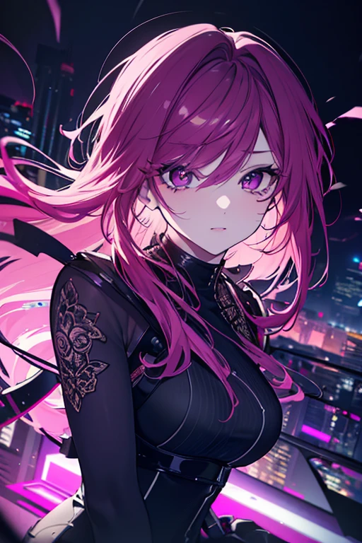 a beautiful woman with pink purple and burgundy hair, long hair, suit, night city skyline, combat scene, earrings, cool girl, rooftop, city center, (best quality,4k,8k,highres,masterpiece:1.2),ultra-detailed,(realistic,photorealistic,photo-realistic:1.37),detailed facial features,beautiful detailed eyes,beautiful detailed lips,extremely detailed eyes and face,long eyelashes,dramatic lighting,cinematic composition,intricate details,glowing energy,powerful presence,dynamic action,moody atmosphere,vibrant colors,neon lig