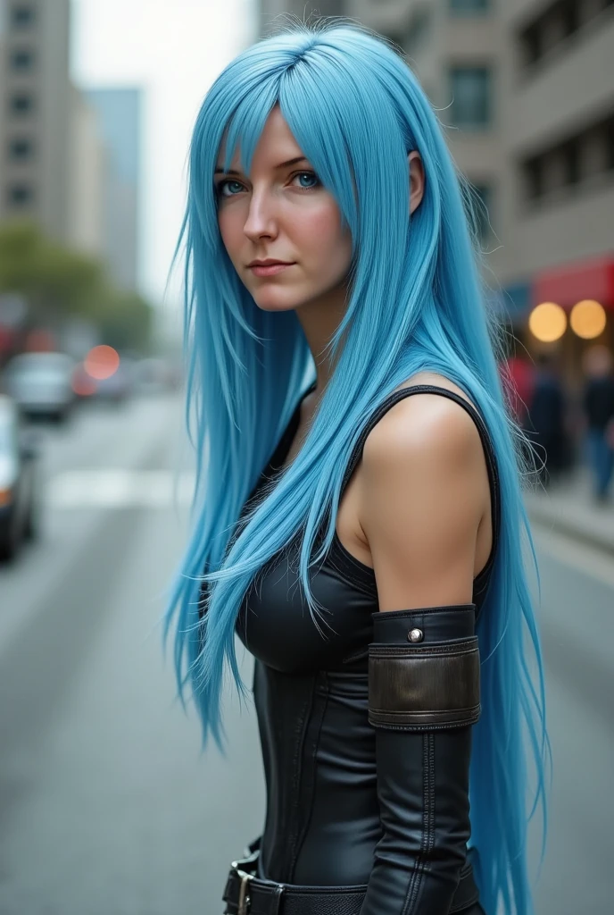 ((( full body photo ))), extremely hot woman with light blue hair , Do cosplay and dress up as Tifa from Final Fantasy 7, She is standing on a street in the middle of Seoul (TifaLockhart) 