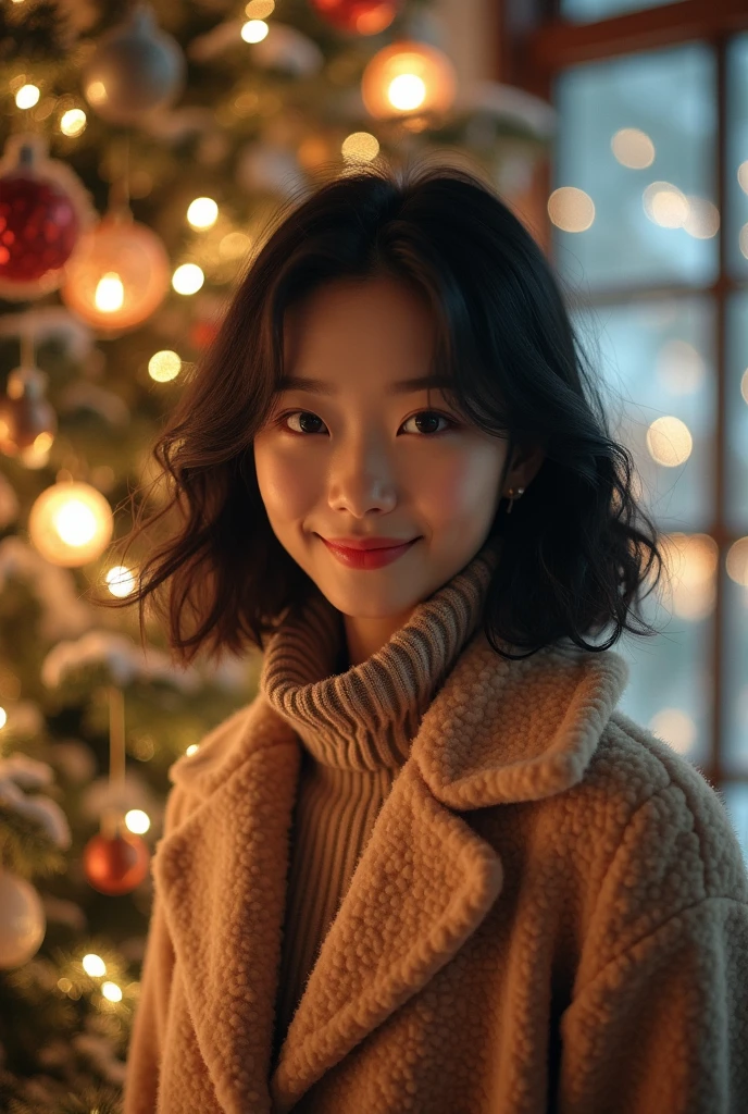 Fashion photography, half length portrait of an asian woman, striking facial features, short hair, natural makeup, middle smile, wearing turtleneck sweater, Santa hat, dramatic lighting, red background, shot on Fujifilm XT3, 50mm lens, Fuji color, fashion modeling poses, epiCRealism