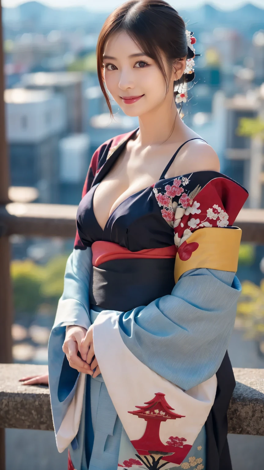 (long sleeve Japanese clothes kimono clothes  : 1.5), ( Kyoto cityscape background : 1.5), ( maiko's hair  : 1.4), (upper body : 1.8), young and adorable Japanese face, Official Art, high definition CG Unity 8k wallpaper,Ultra high definition ,Very detailed, half photos with Brazil, high definition , Kodak Portrait 400, film grain , lens flare glow, best quality,8k, as a portrait shot,8k, Show viewer, (( best quality)), ( super detailed), smile, (( sexy)), (( Very detailedな)), (detailed clothing features), (beautiful), Illustration, beautiful Japanese woman, ((1 female)), (Bold Cleavage : 1.3)